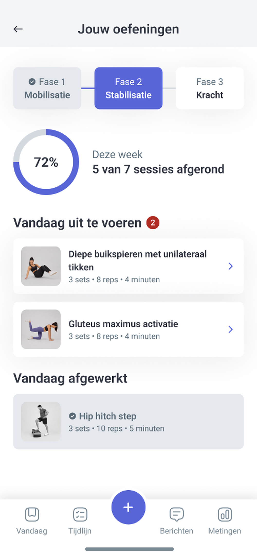 Schermafbeelding van de HiPCloud-app met oefeningen