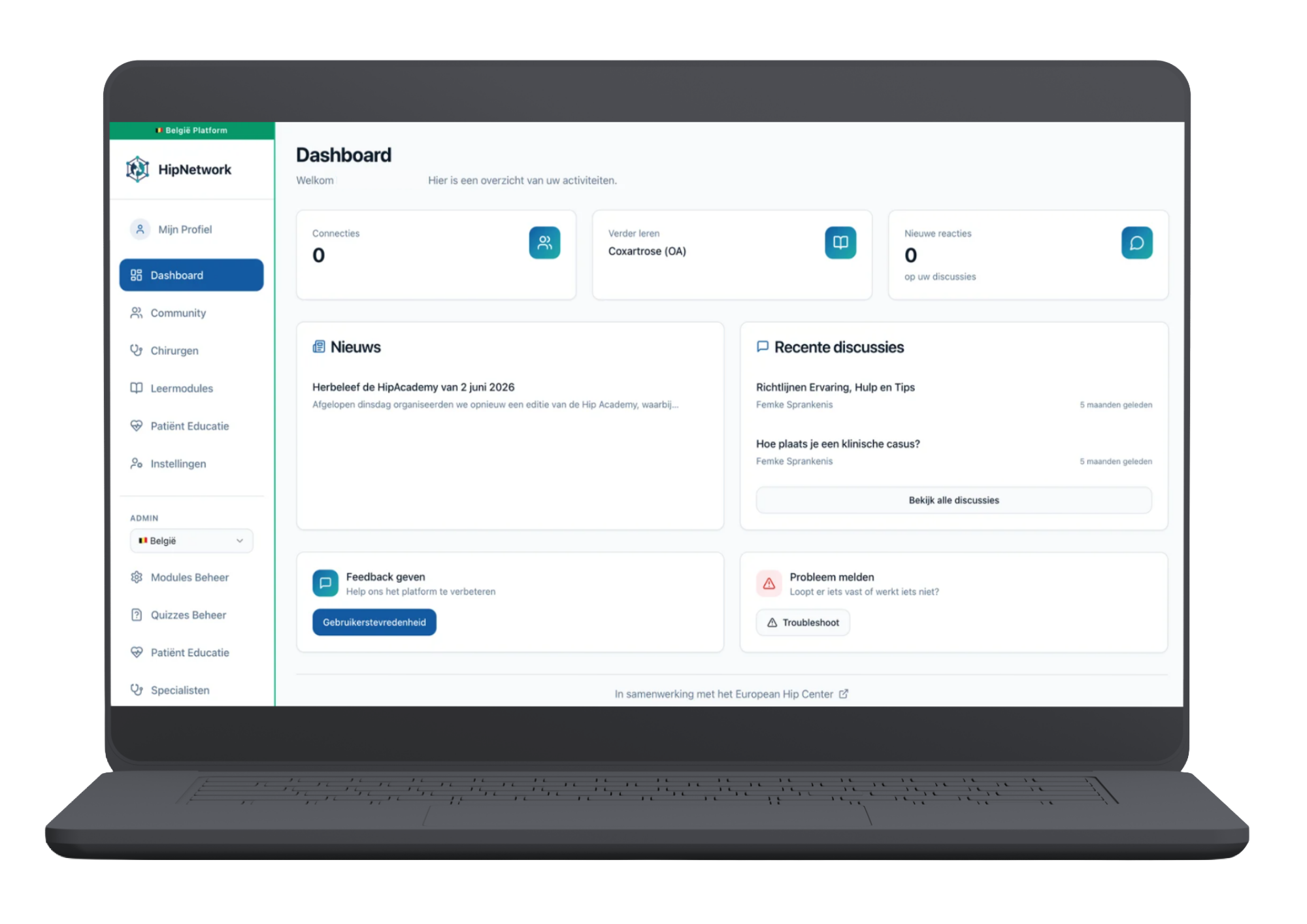 Screenshot van het HipNetwork dashboard met connecties, nieuws en recente discussies